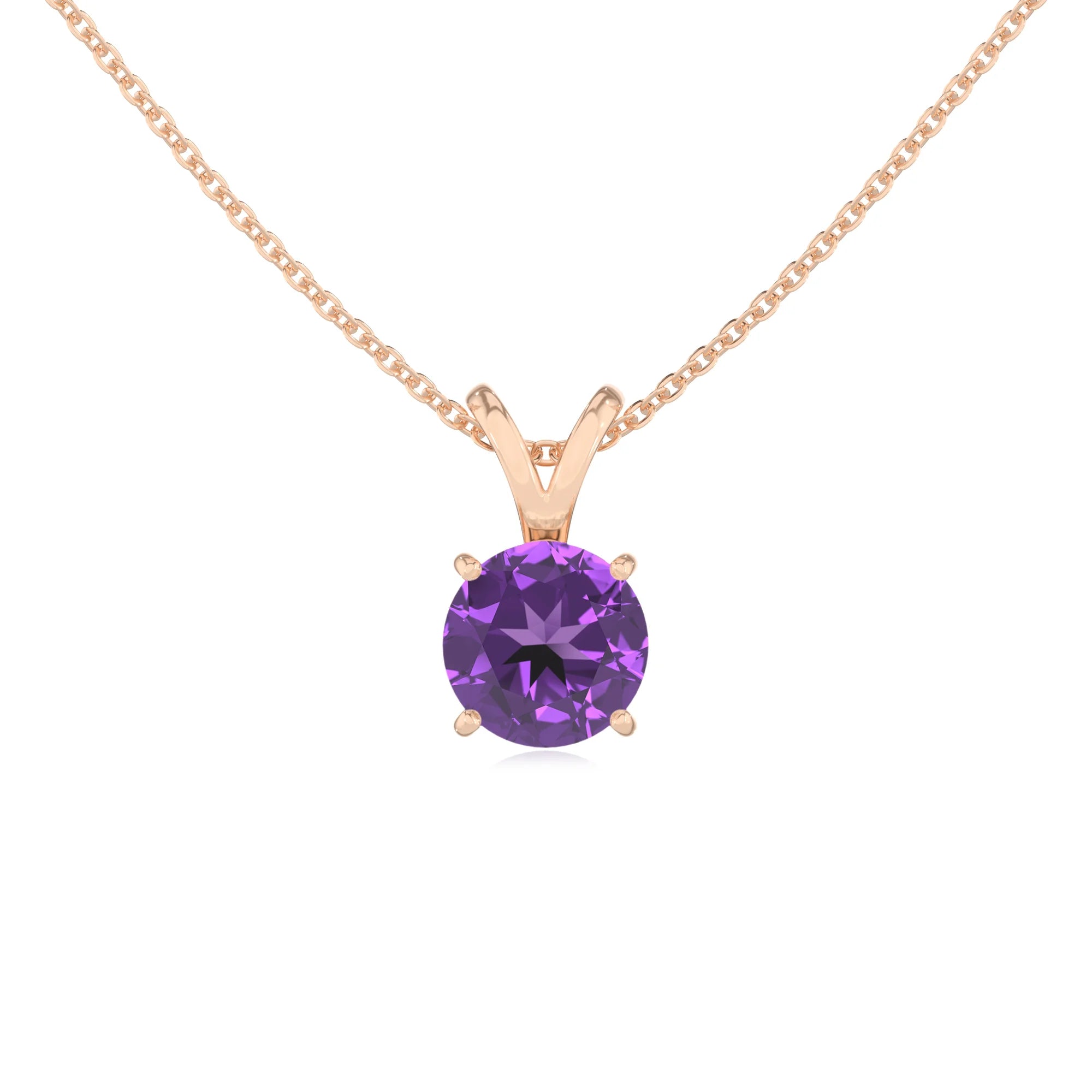 lab grown amethyst round solitaire v-bale necklaces in rose gold 