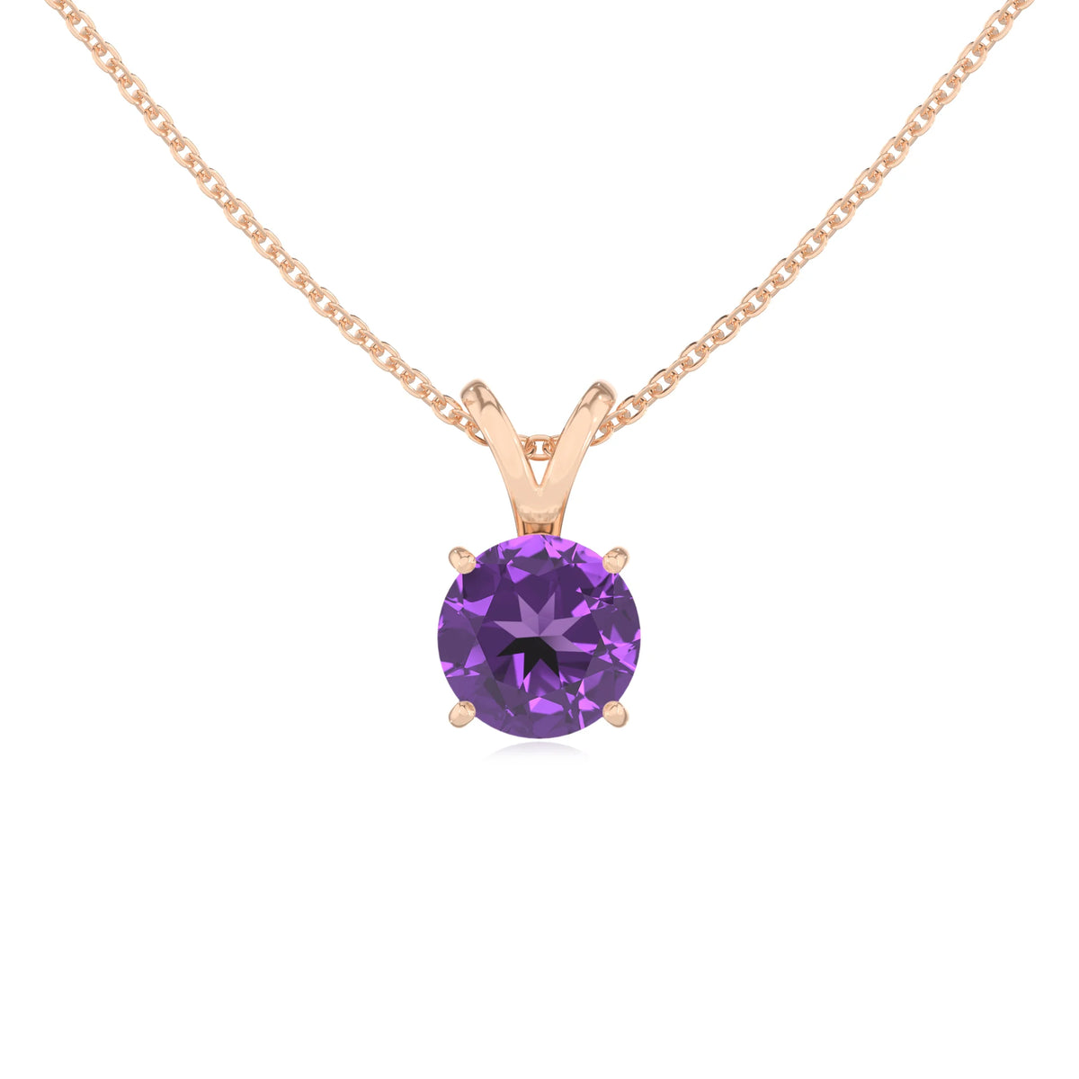 lab grown amethyst round solitaire v-bale necklaces in rose gold 