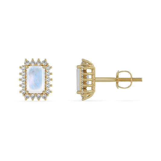 natural rainbow moonstone emerald cut stud earrings in yellow gold 