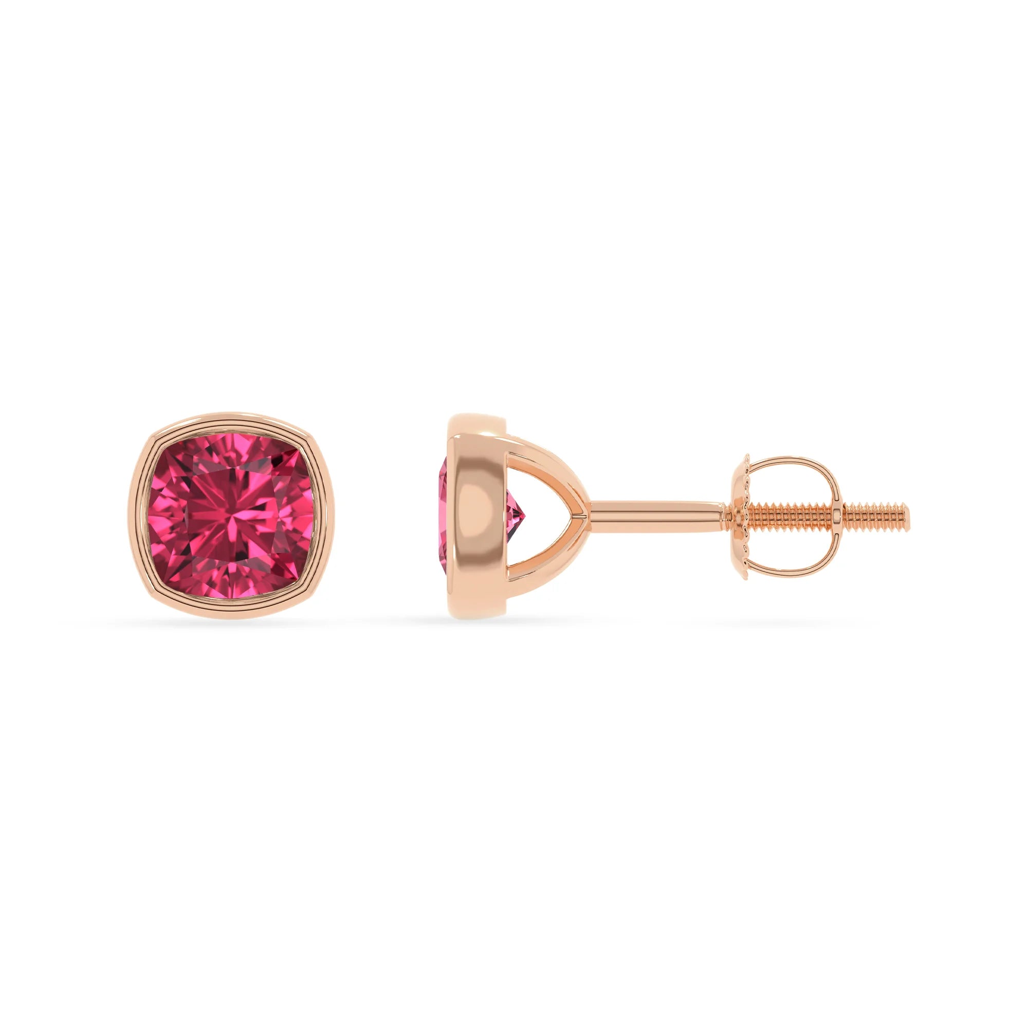 lab grown pink tourmaline cushion stud earrings in rose gold 