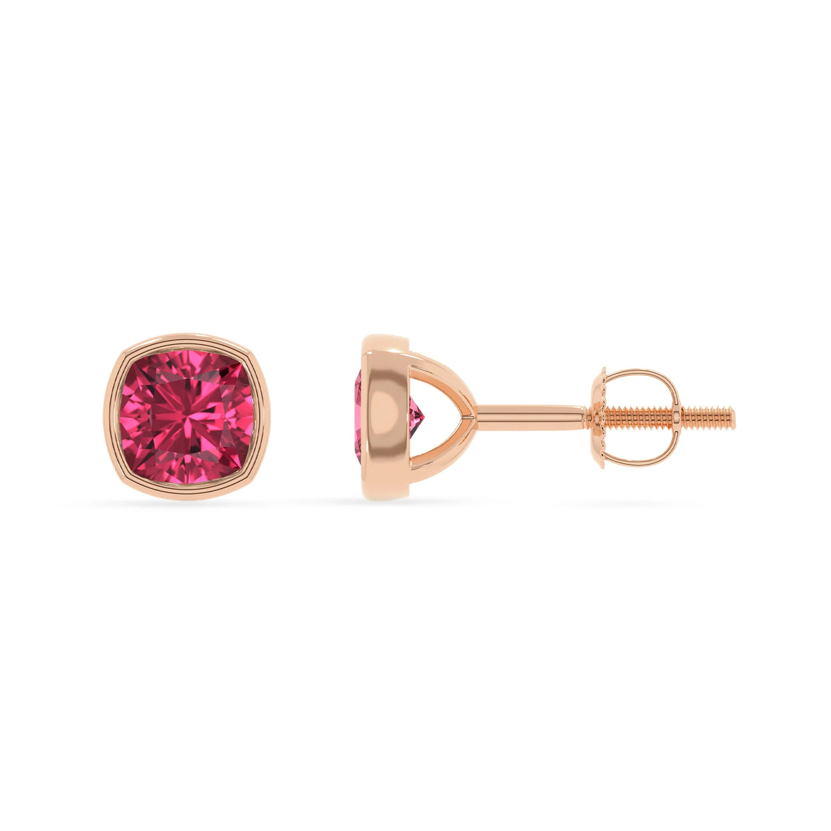 lab grown pink tourmaline cushion stud earrings in rose gold 