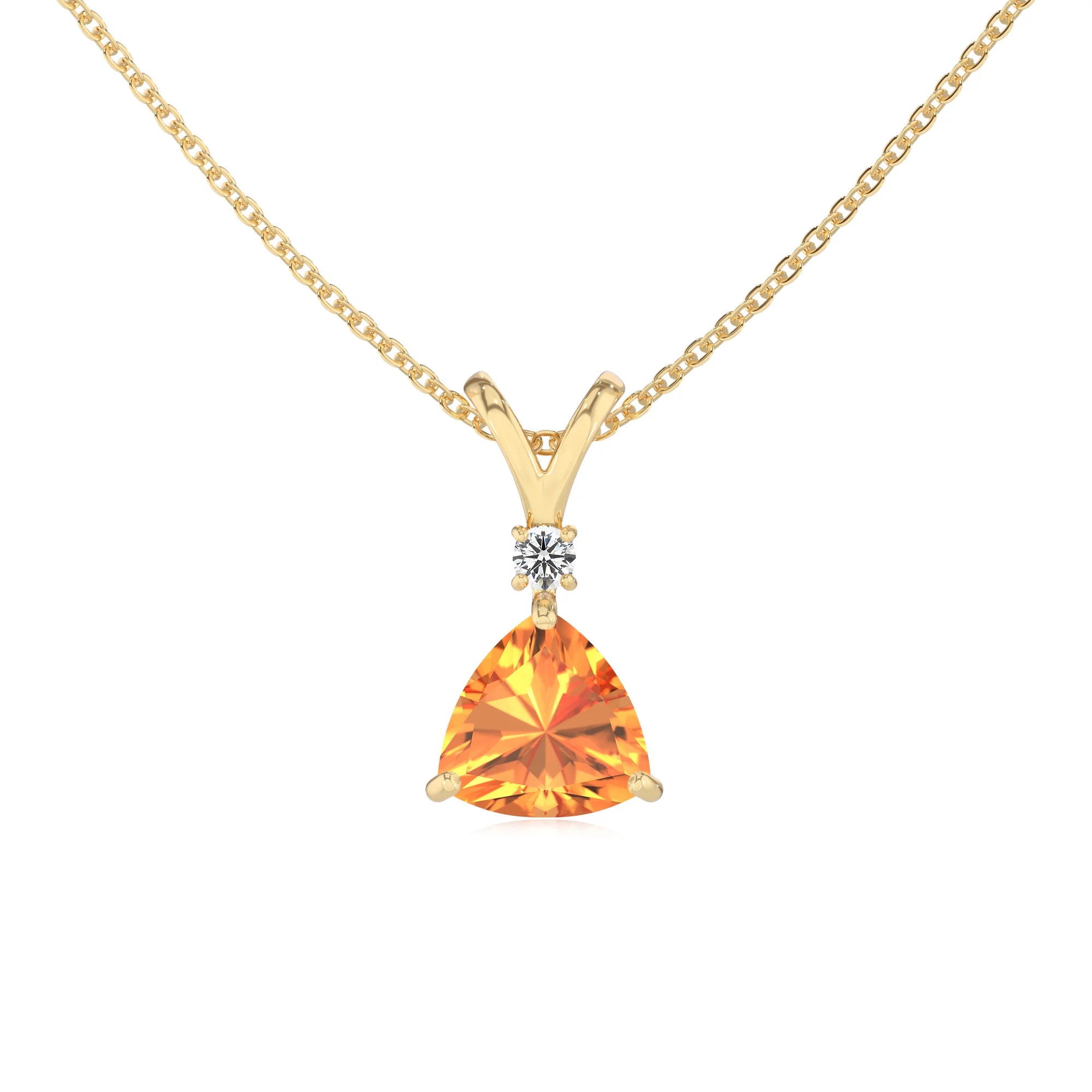 lab grown citrine trillion solitaire v-bale necklaces in yellow gold 