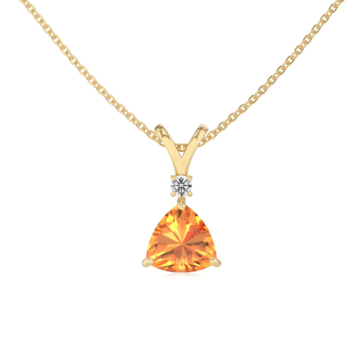 lab grown citrine trillion solitaire v-bale necklaces in yellow gold 
