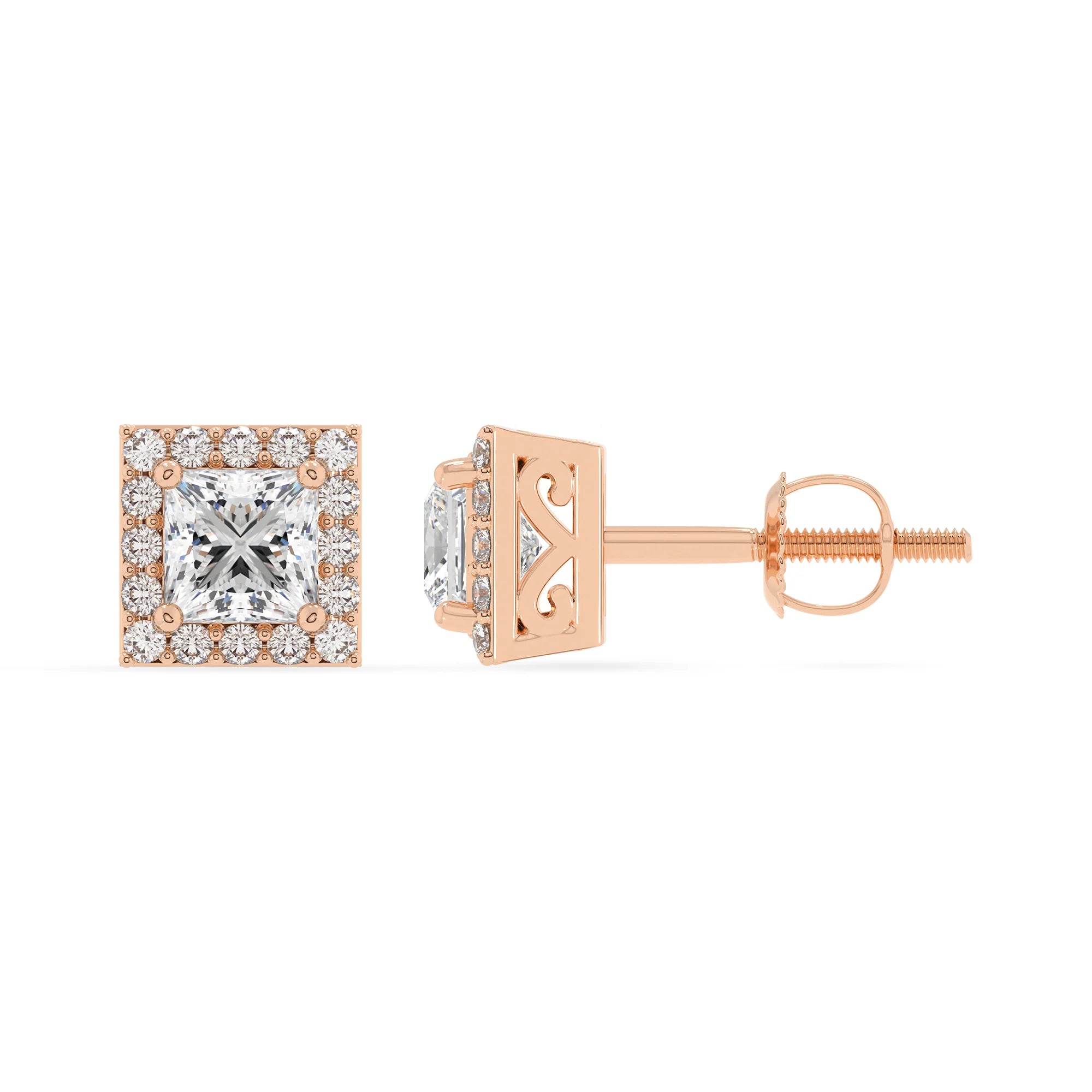 lab grown moissanite princess stud earrings in rose gold 