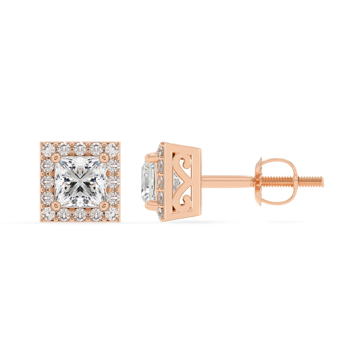lab grown moissanite princess stud earrings in rose gold 