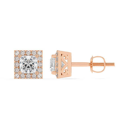 lab grown moissanite princess stud earrings in rose gold 