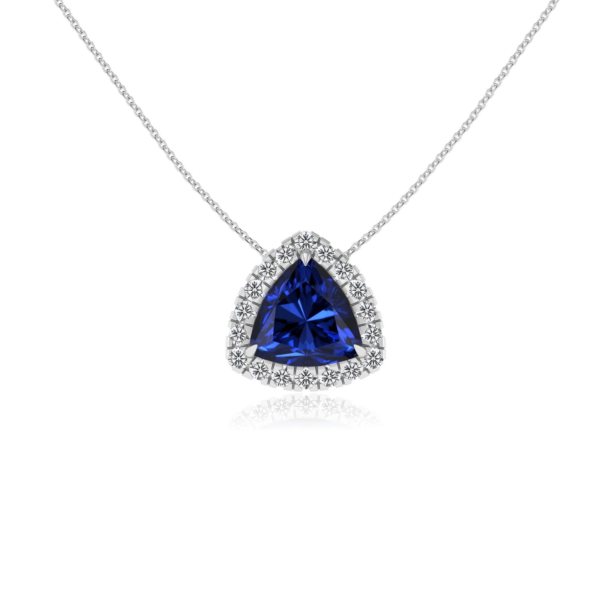 lab grown blue sapphire trillion solitaire necklaces in white gold 