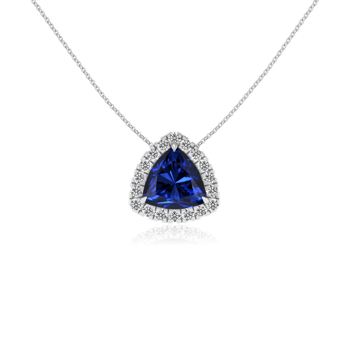 lab grown blue sapphire trillion solitaire necklaces in white gold 