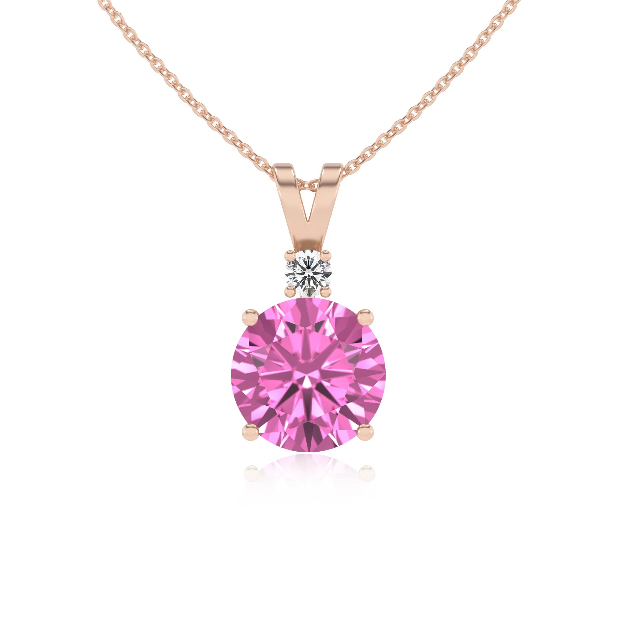 lab grown pink-sapphire round solitaire v-bale necklaces in rose gold 