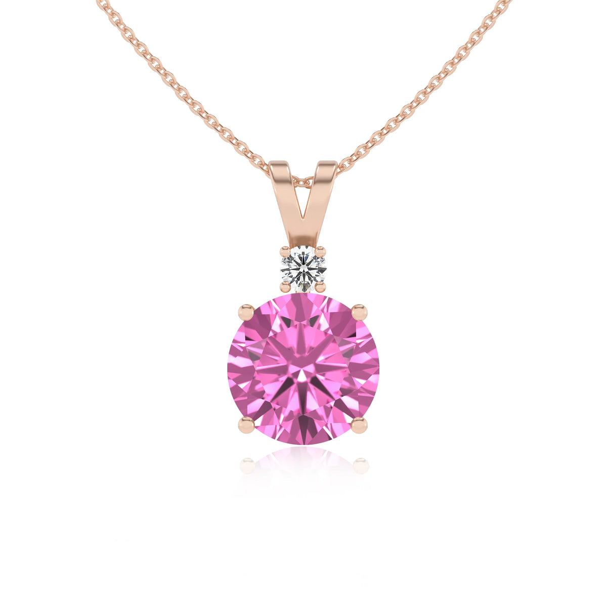 lab grown pink-sapphire round solitaire v-bale necklaces in rose gold 
