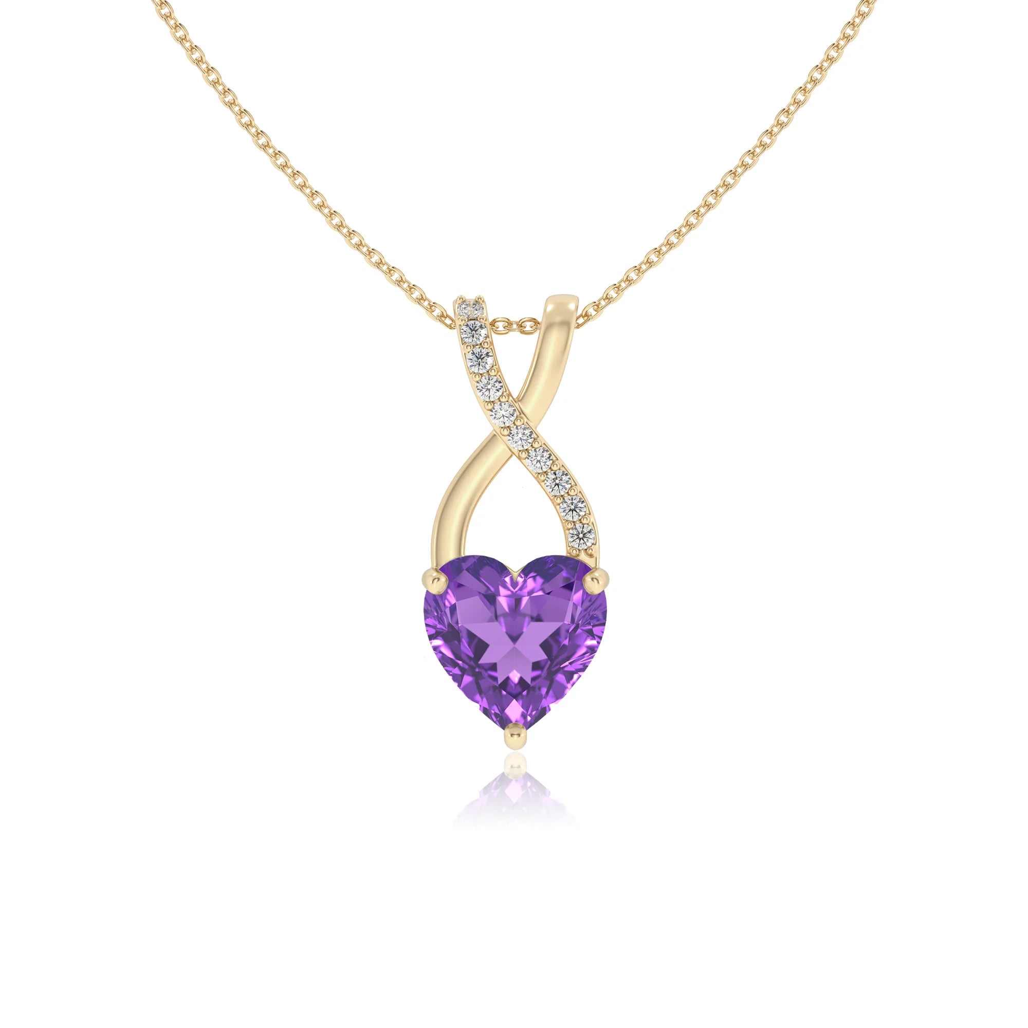 lab grown amethyst heart solitaire necklaces in yellow gold 