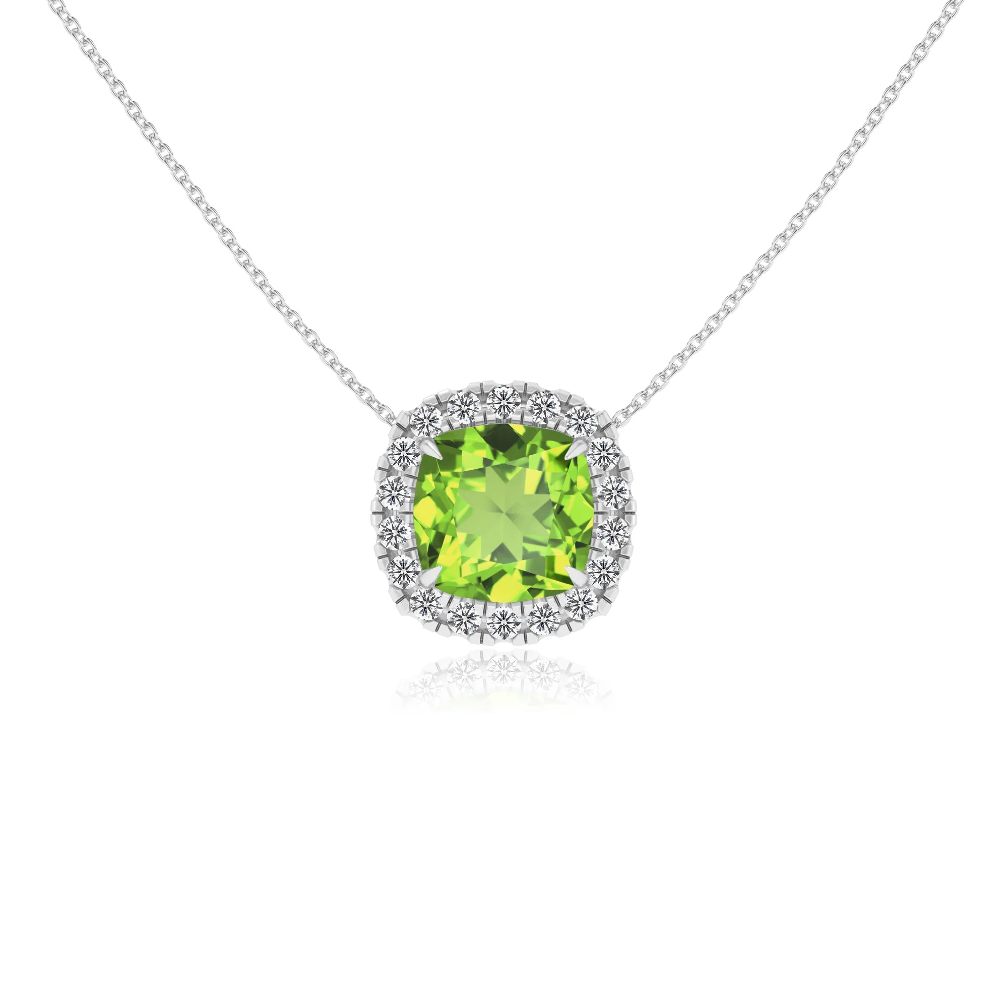 natural peridot cushion solitaire necklaces in platinum 