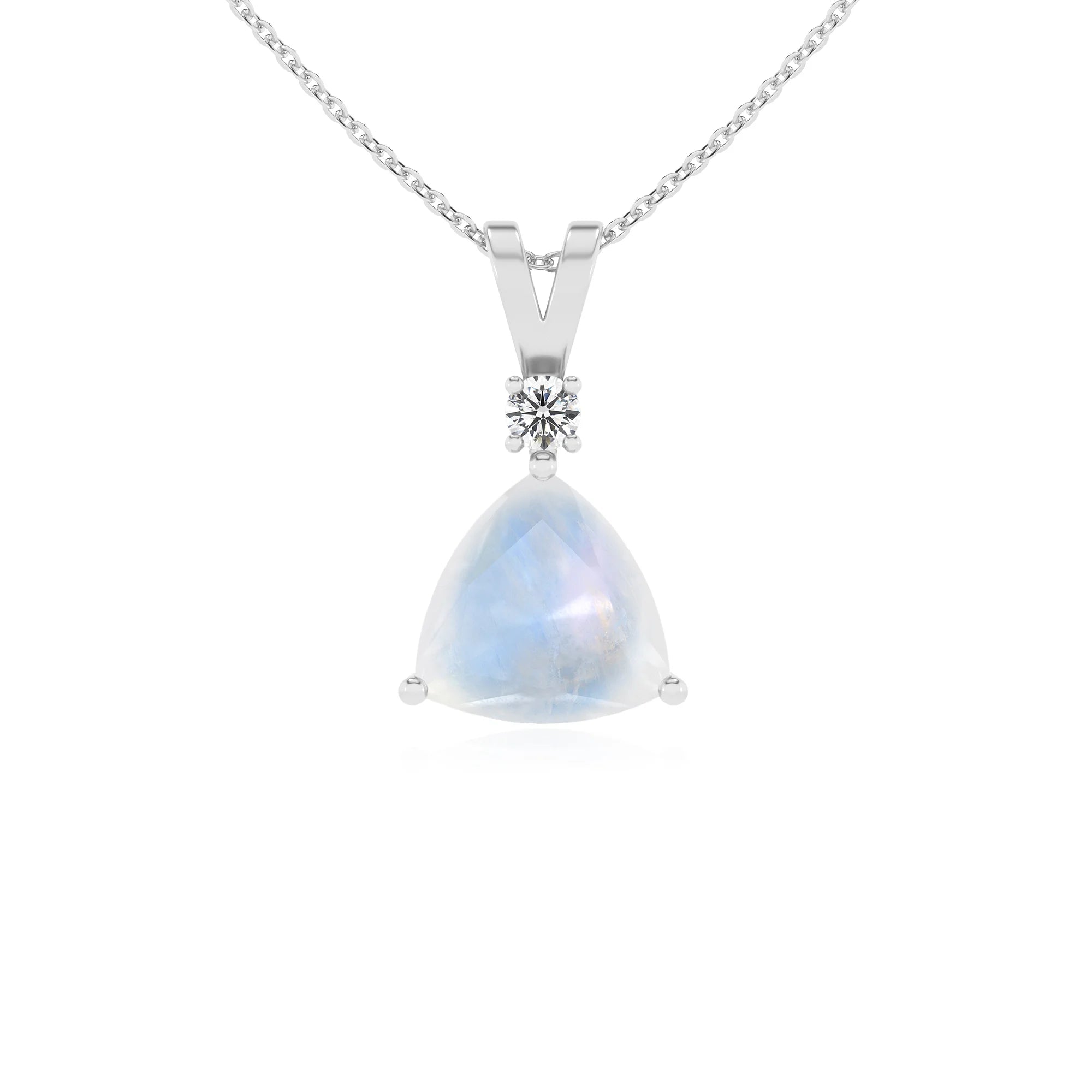 natural rainbow-moonstone trillion solitaire v-bale necklaces in white gold 