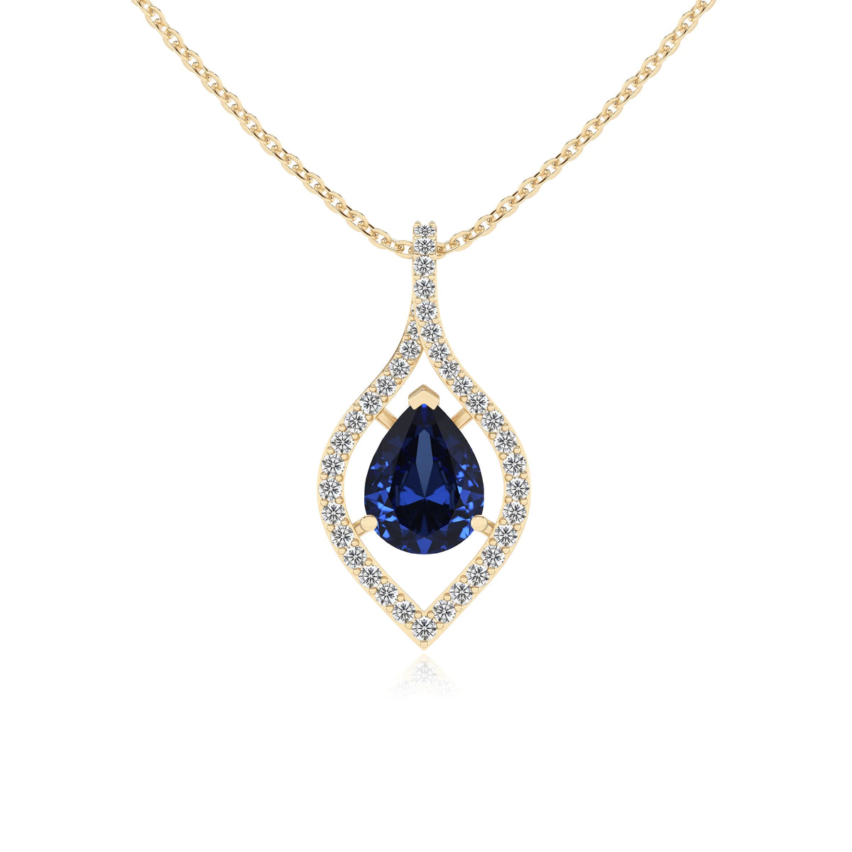 lab grown blue-sapphire pear infinity necklaces in yellow gold 