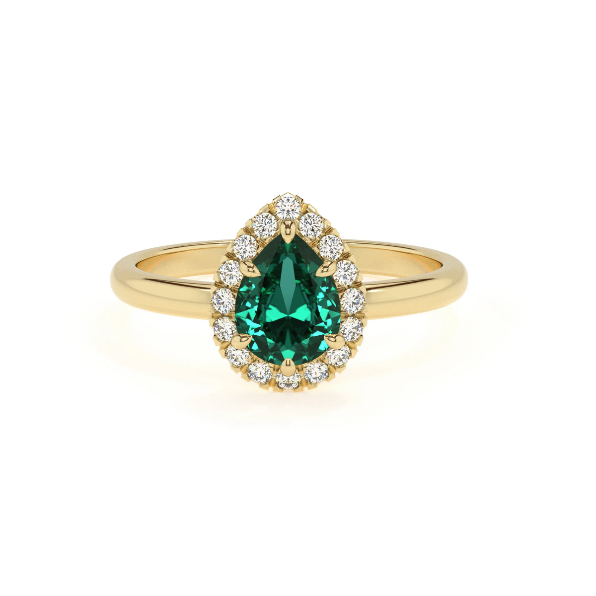 lab grown emerald pear solitaire rings in yellow gold 