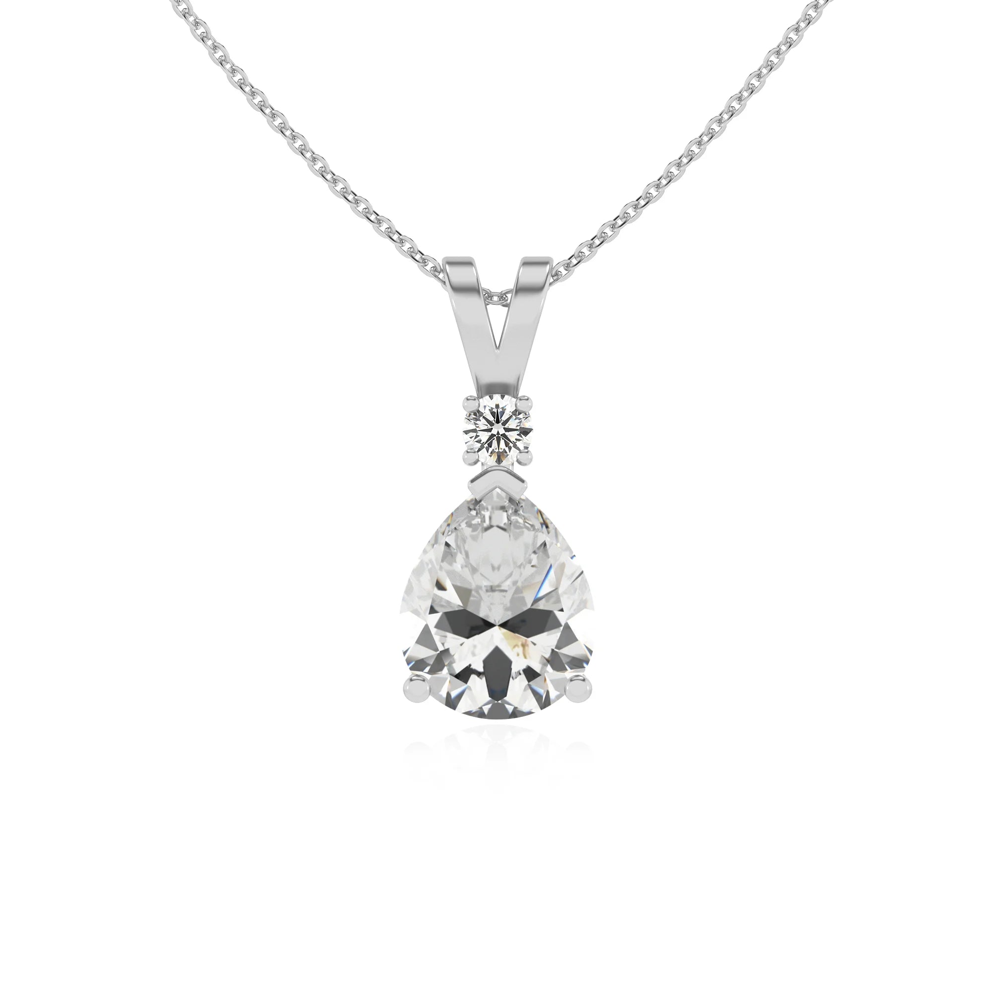 lab grown moissanite pear solitaire v-bale necklaces in sterling silver 