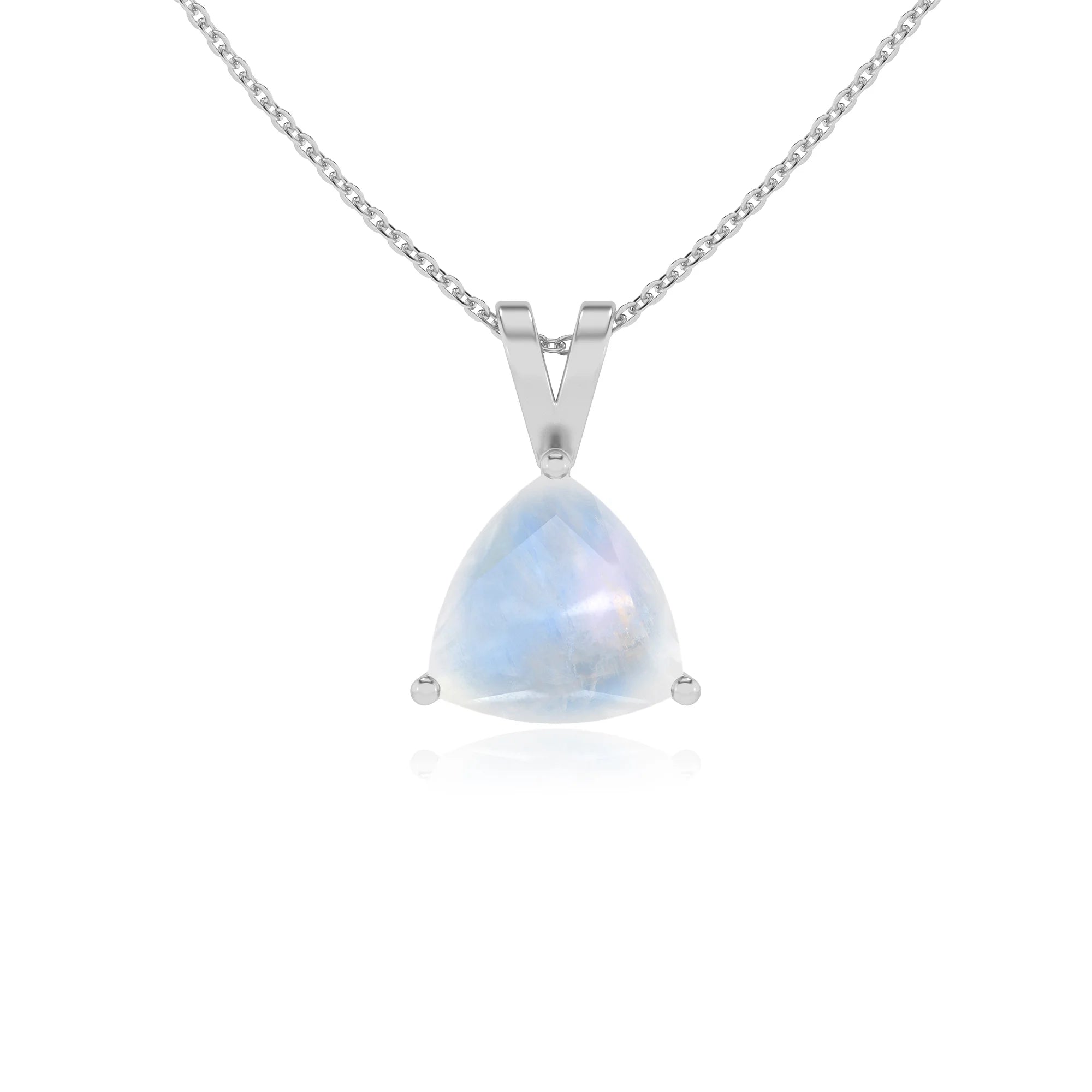 natural rainbow-moonstone trillion solitaire v-bale necklaces in sterling silver 