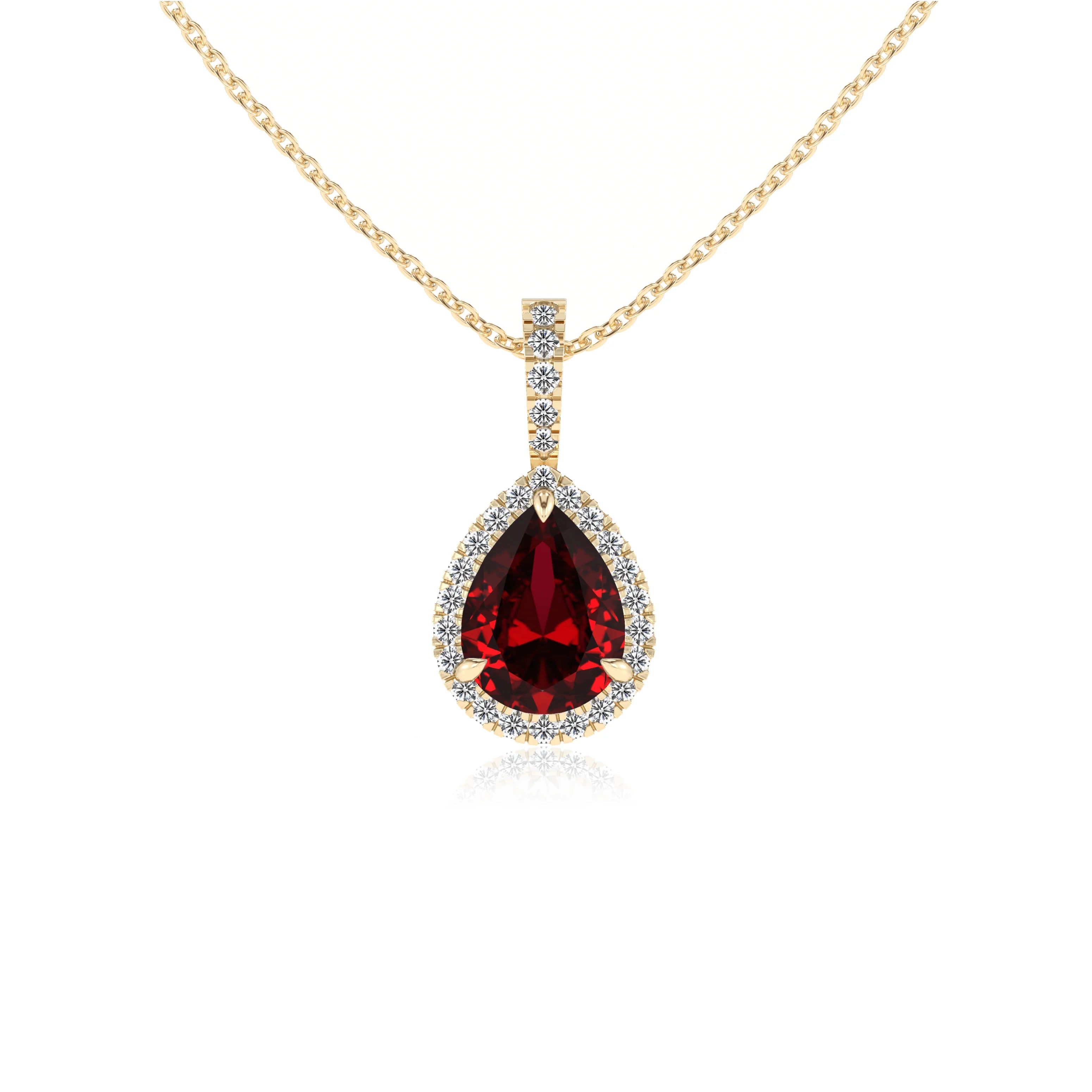 lab grown ruby pear solitaire necklaces in yellow gold 
