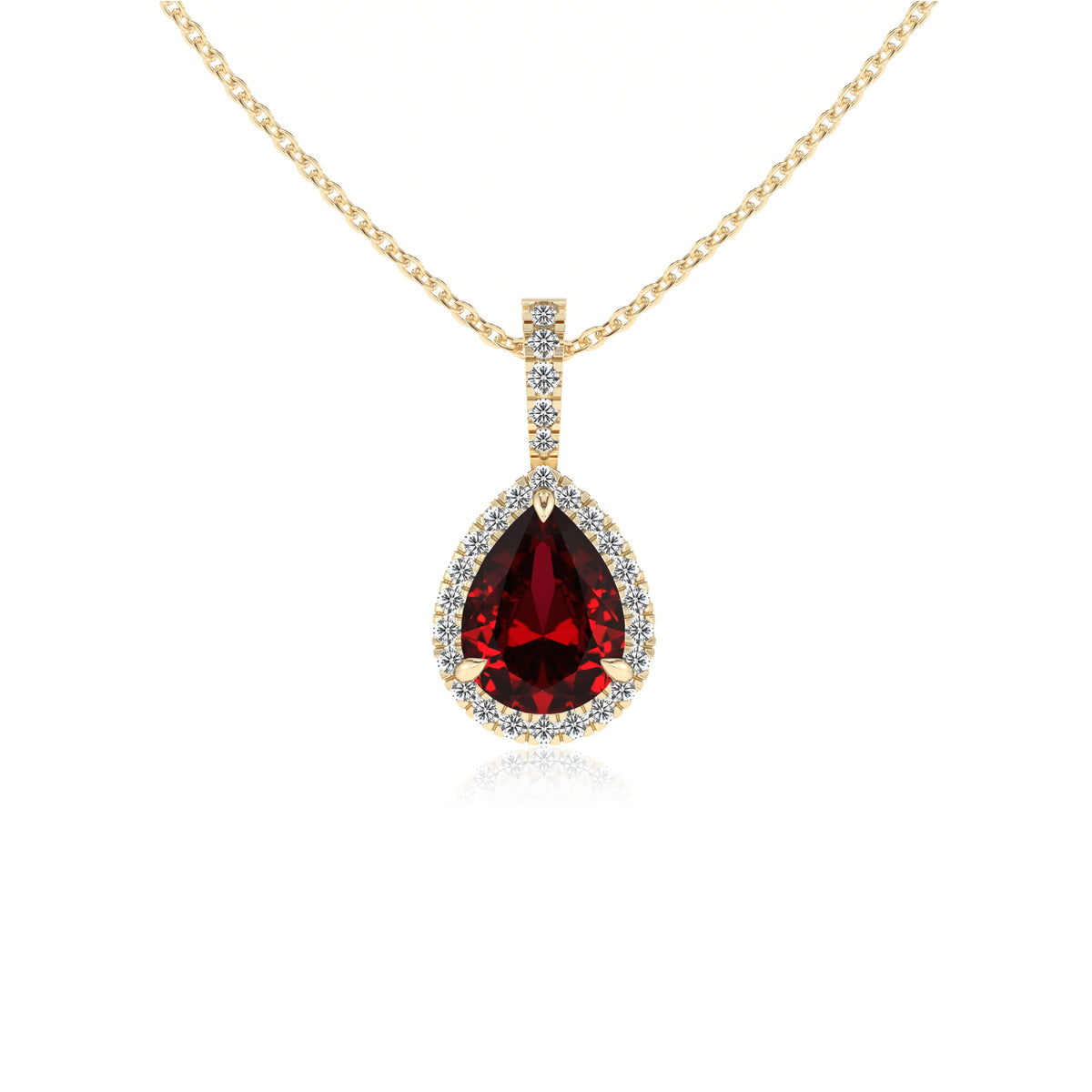 lab grown ruby pear solitaire necklaces in yellow gold 