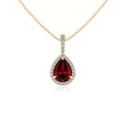 lab grown ruby pear solitaire necklaces in yellow gold 