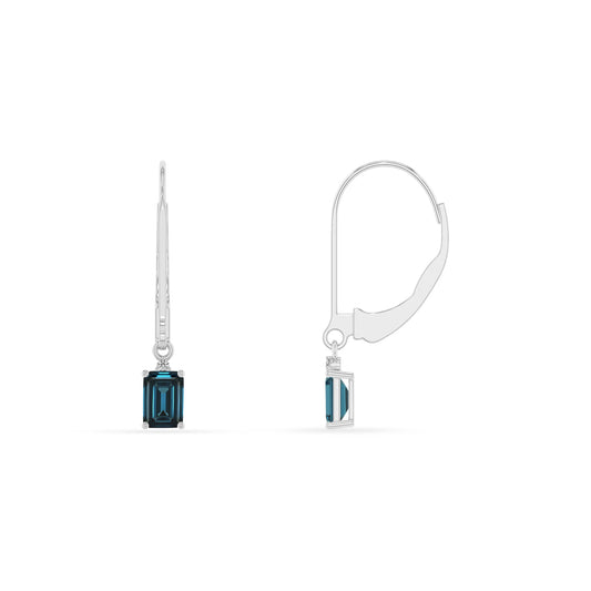 natural london blue topaz emerald cut drop earrings in white gold 