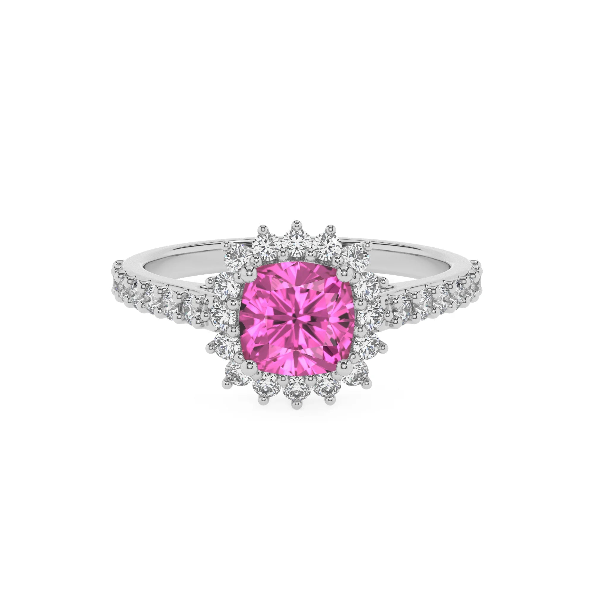 lab grown pink-sapphire cushion solitaire rings in white gold 