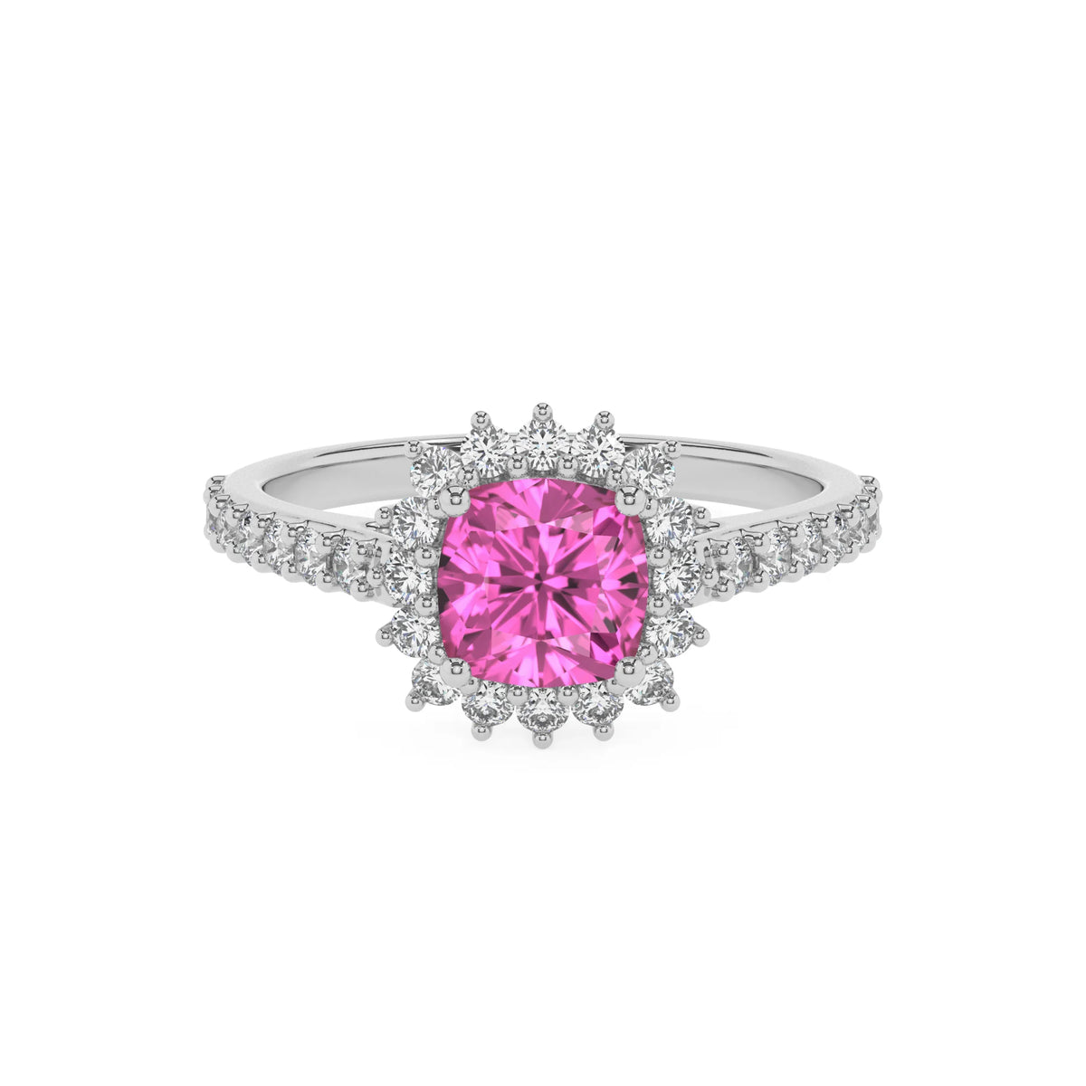 lab grown pink-sapphire cushion solitaire rings in white gold 