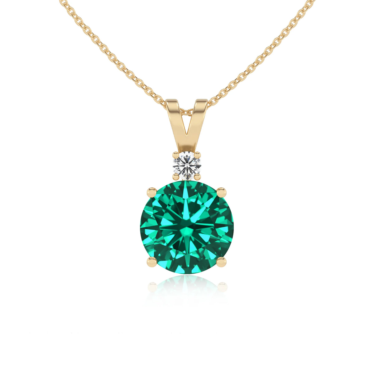 lab grown emerald round solitaire v-bale necklaces in yellow gold 