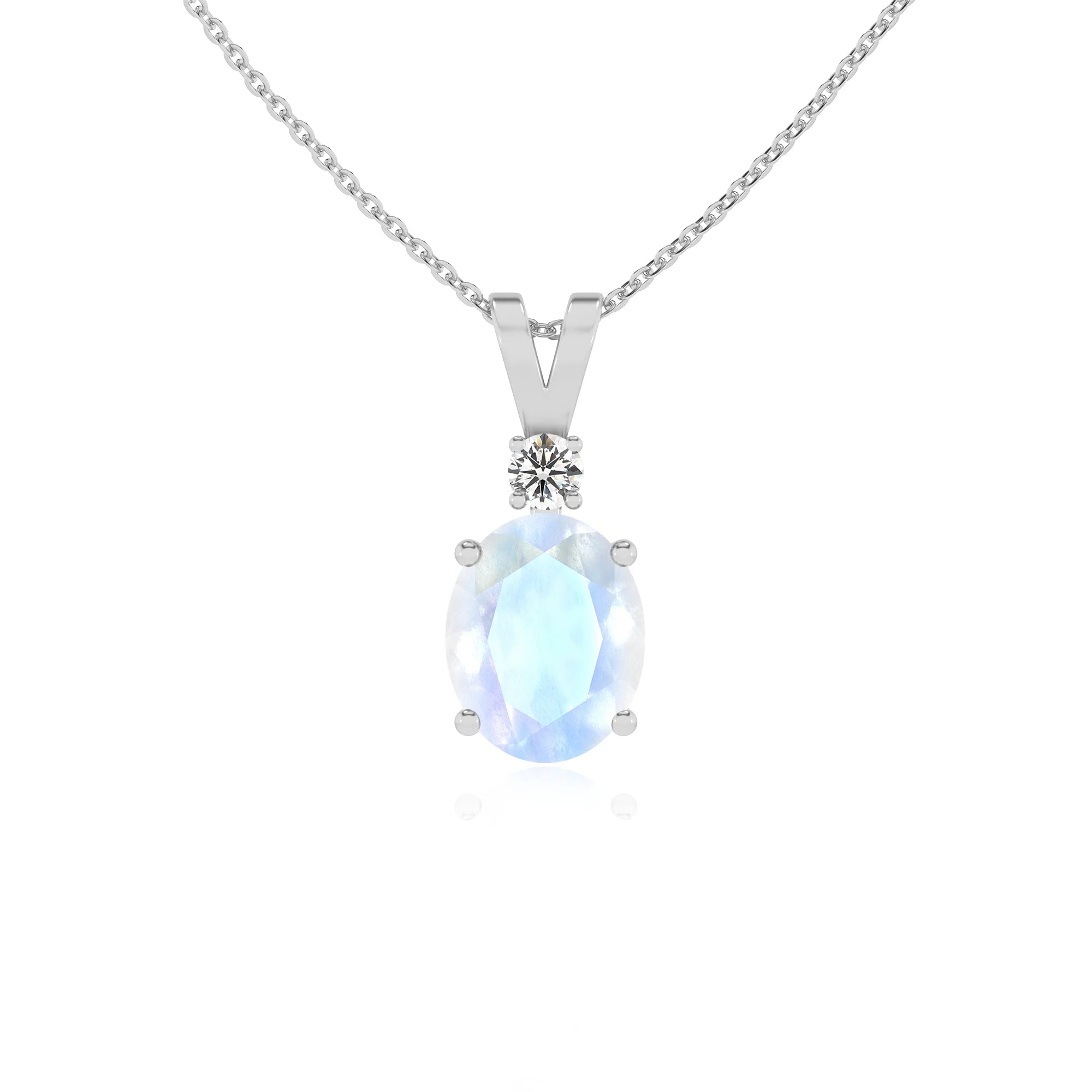 natural rainbow-moonstone oval solitaire v-bale necklaces in sterling silver 