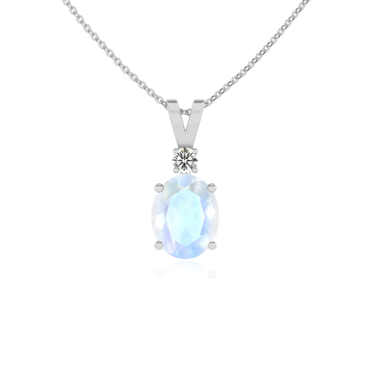 natural rainbow-moonstone oval solitaire v-bale necklaces in sterling silver 