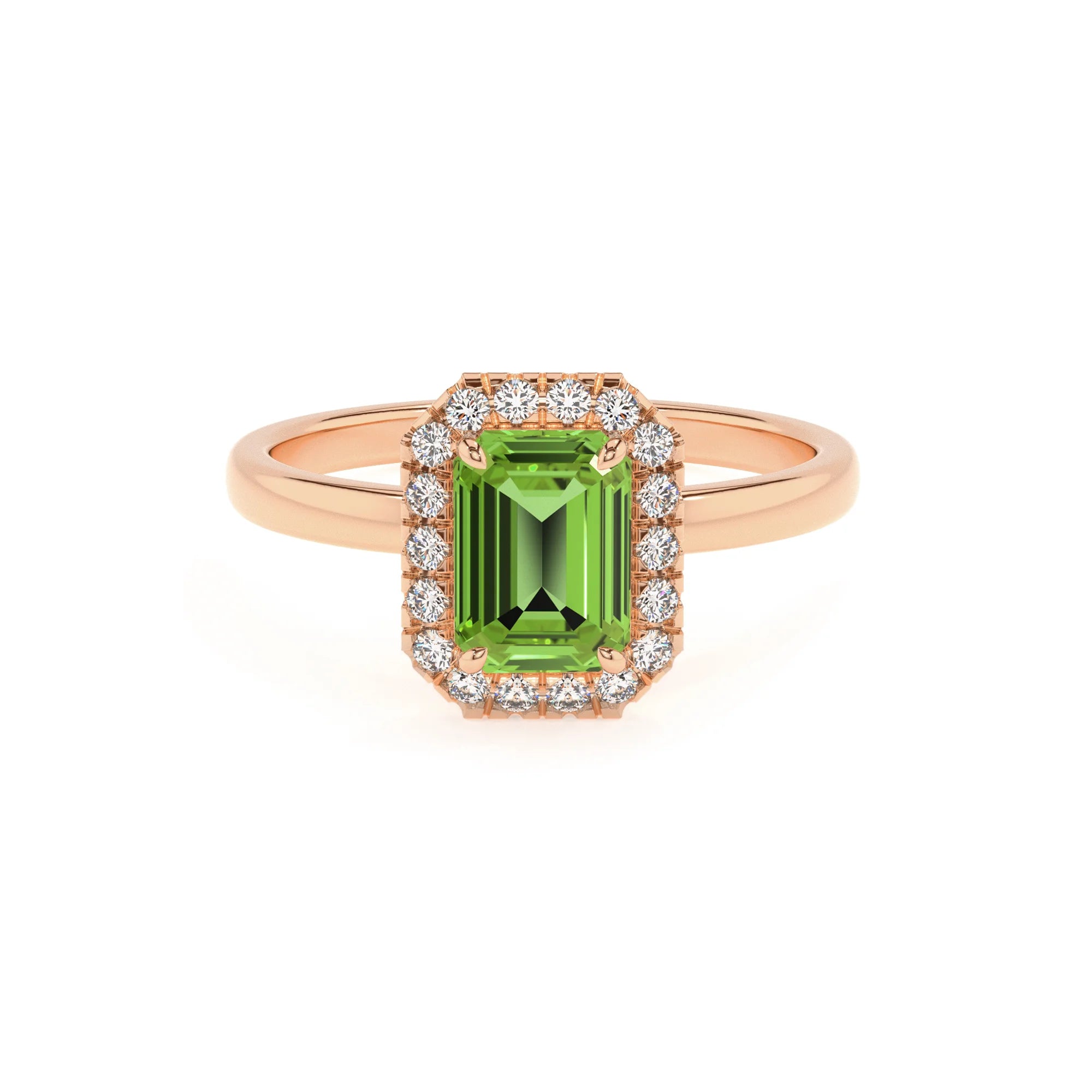 natural peridot emerald cut solitaire rings in rose gold 