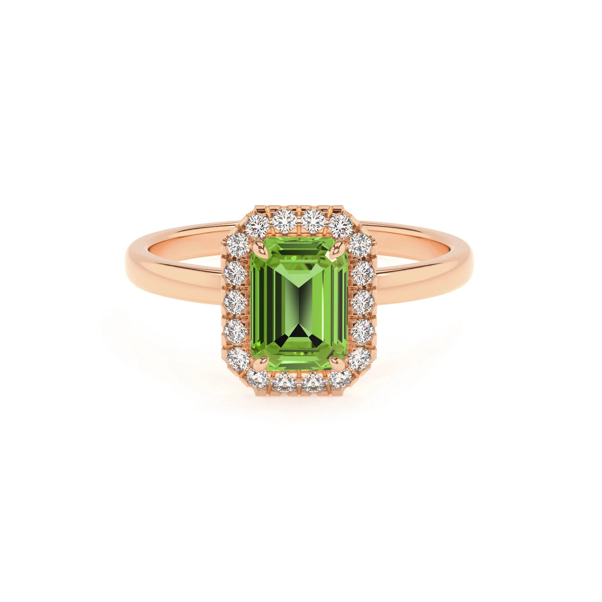 natural peridot emerald cut solitaire rings in rose gold 