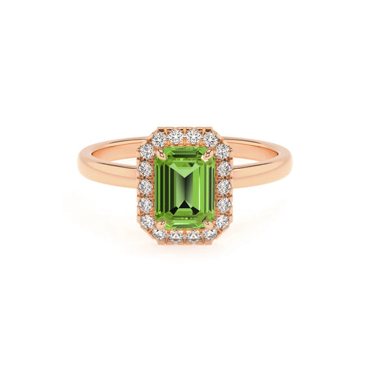 natural peridot emerald cut solitaire rings in rose gold 