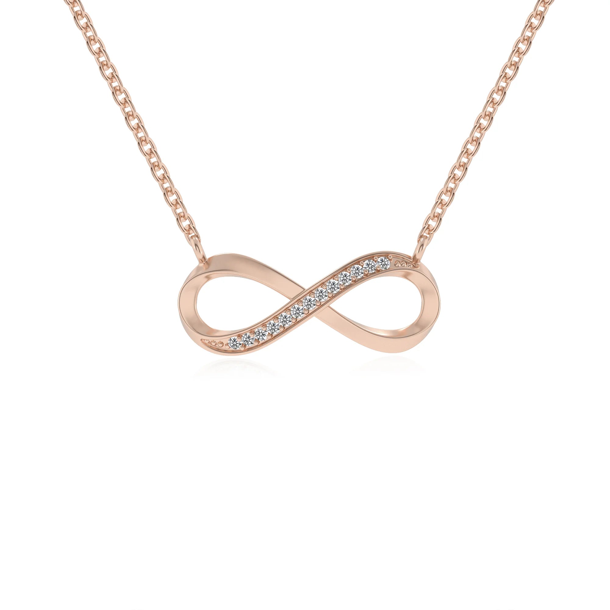 lab grown moissanite round infinity v-bale necklaces in rose gold 