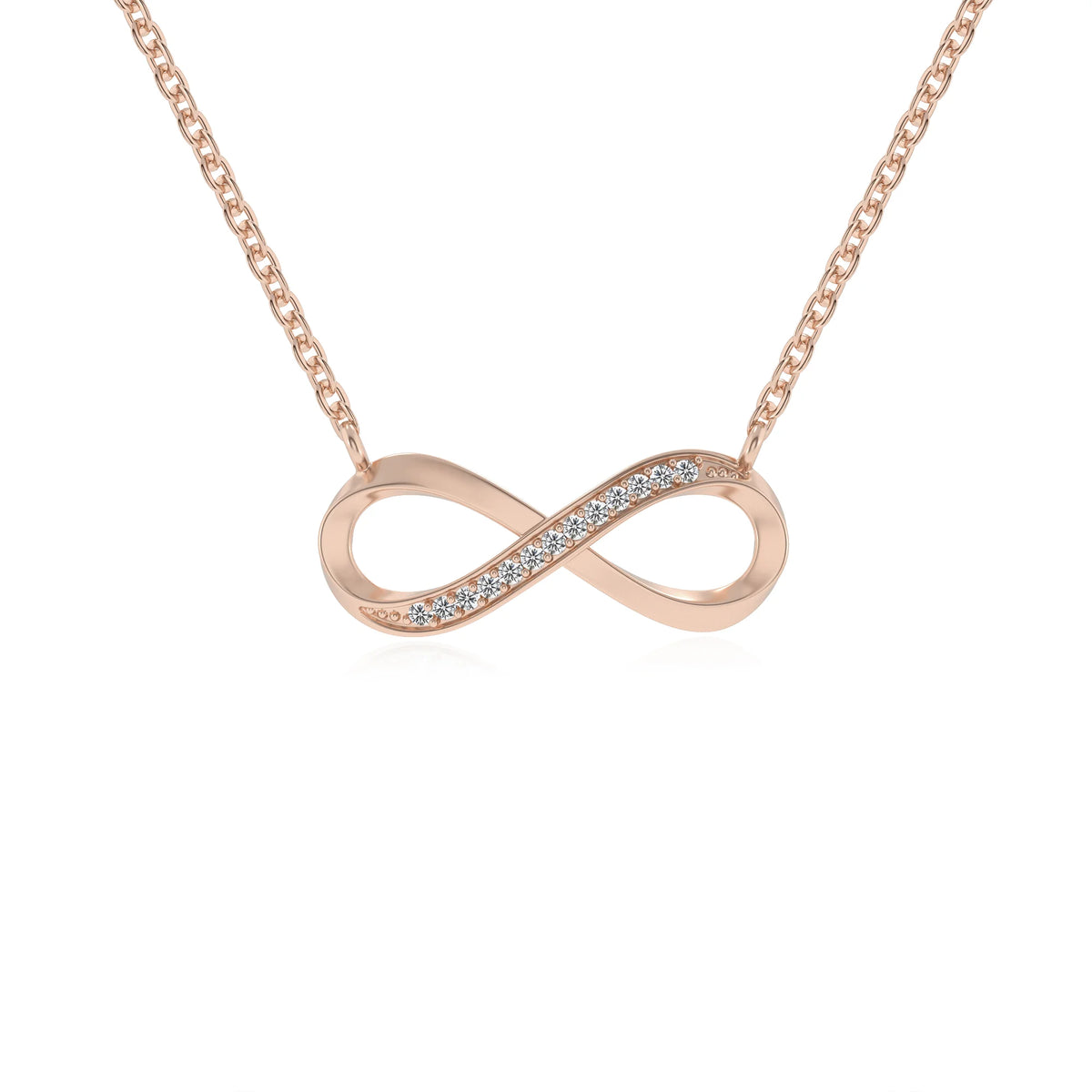 lab grown moissanite round infinity v-bale necklaces in rose gold 