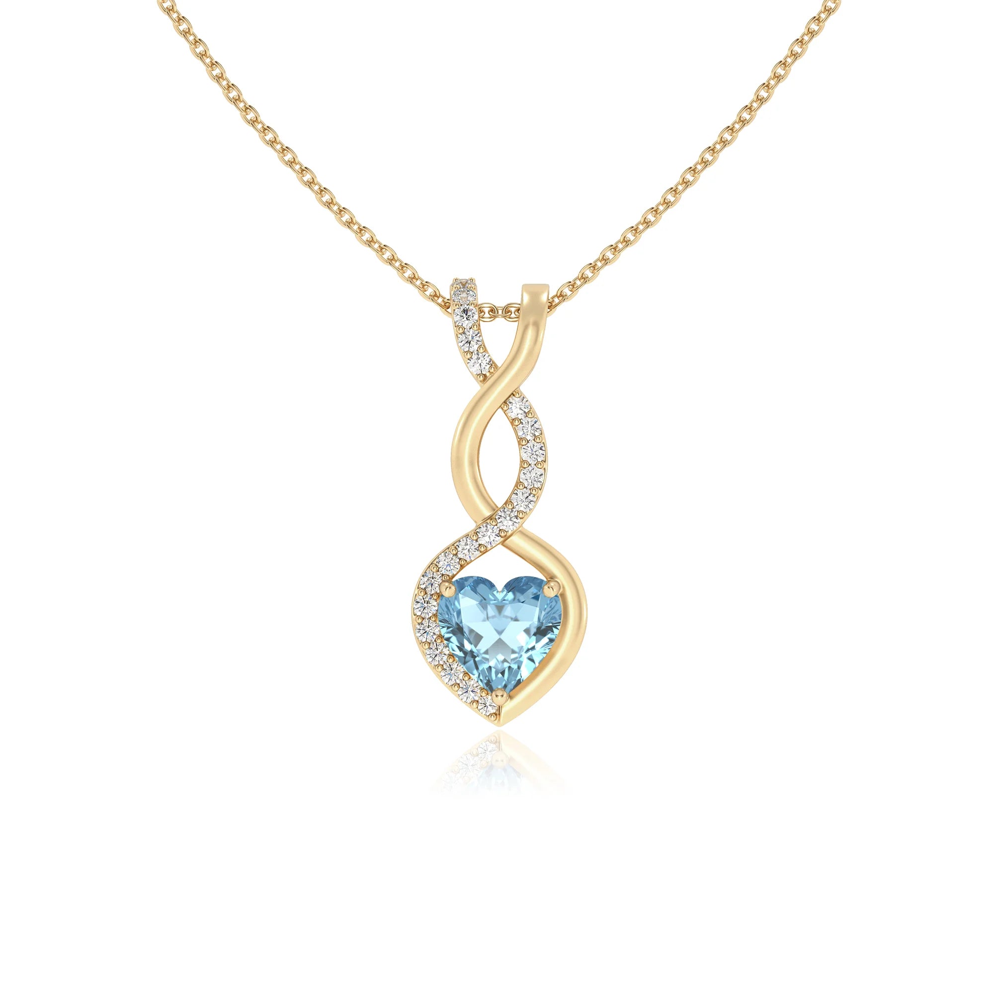 lab grown aquamarine heart infinity necklaces in yellow gold 