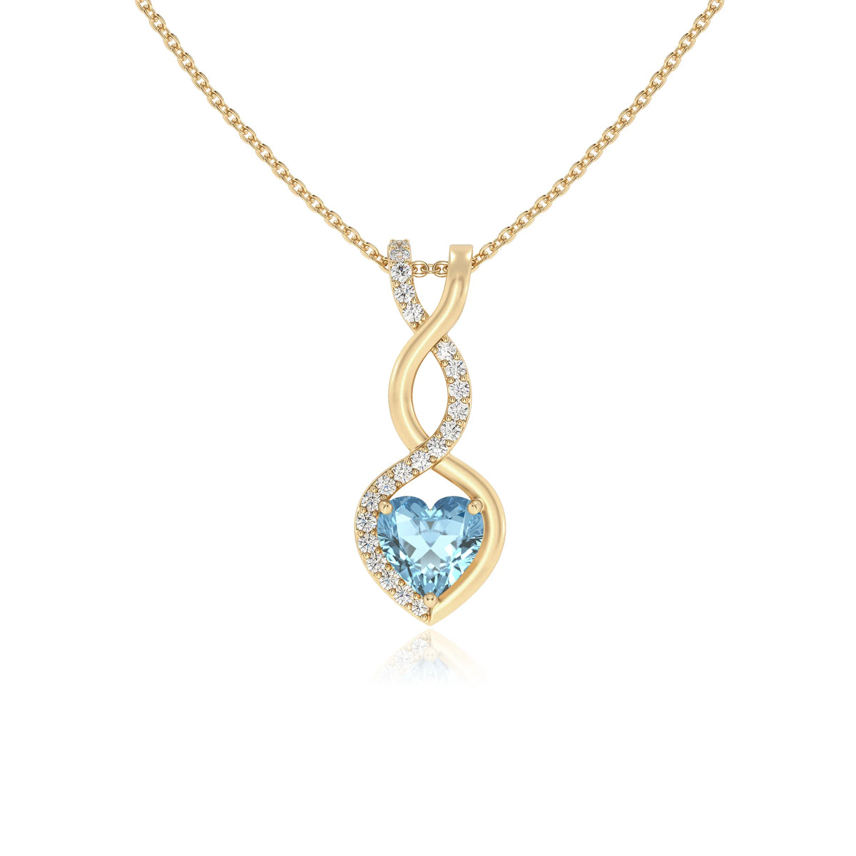 lab grown aquamarine heart infinity necklaces in yellow gold 