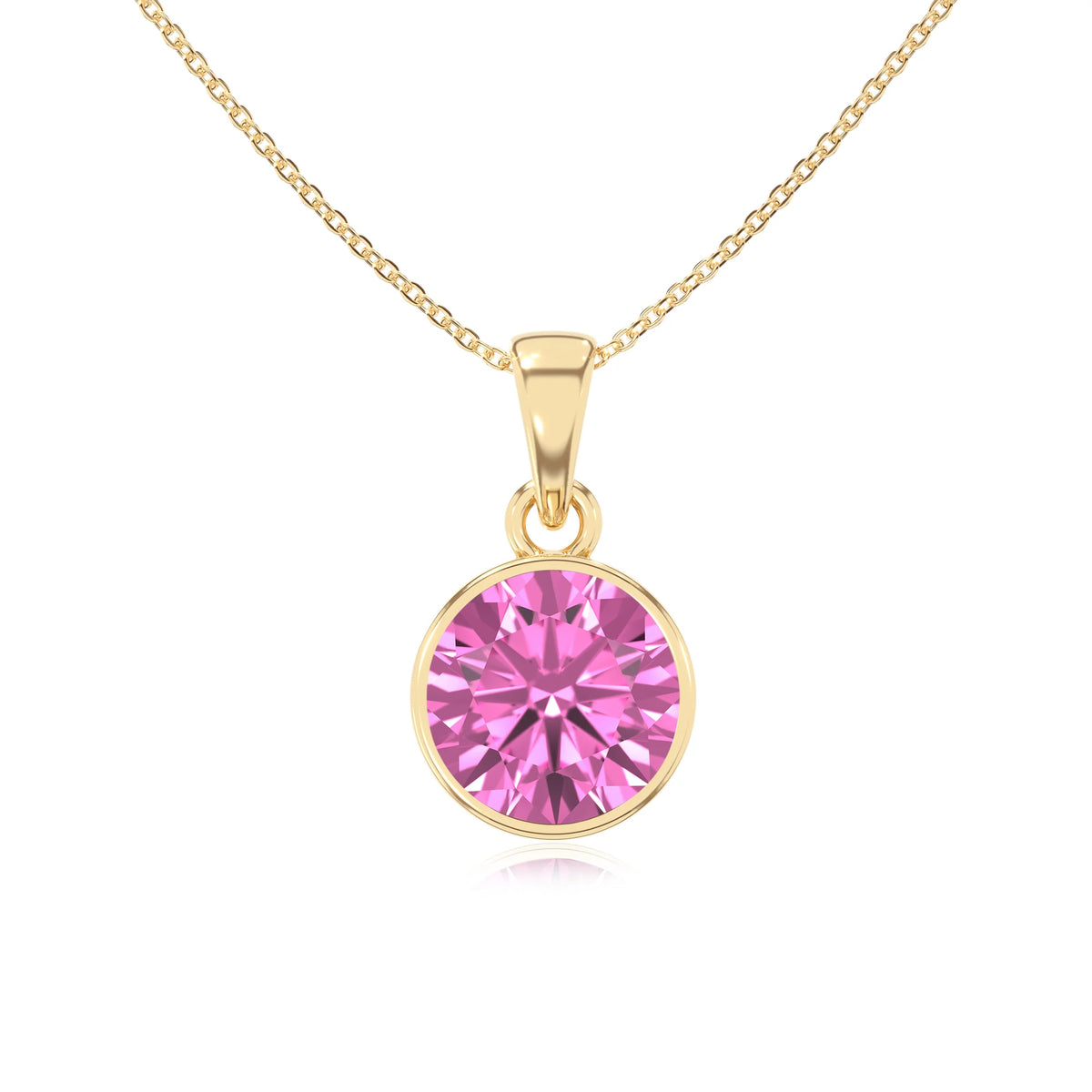 lab grown pink-sapphire round solitaire necklaces in yellow gold 