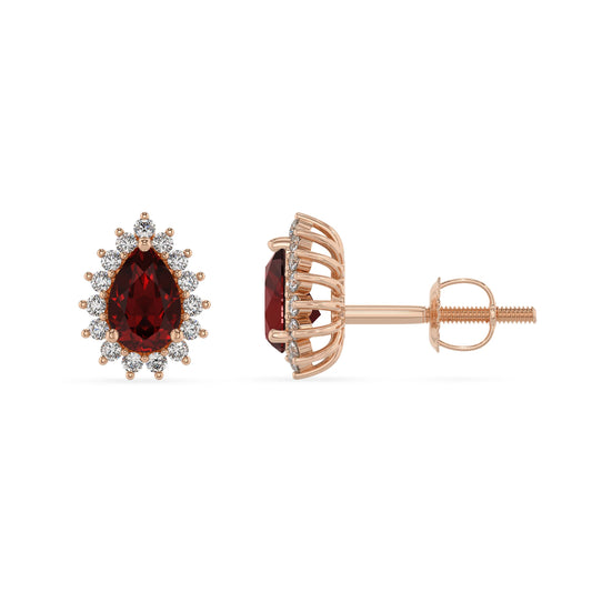 natural garnet pear stud earrings in rose gold 