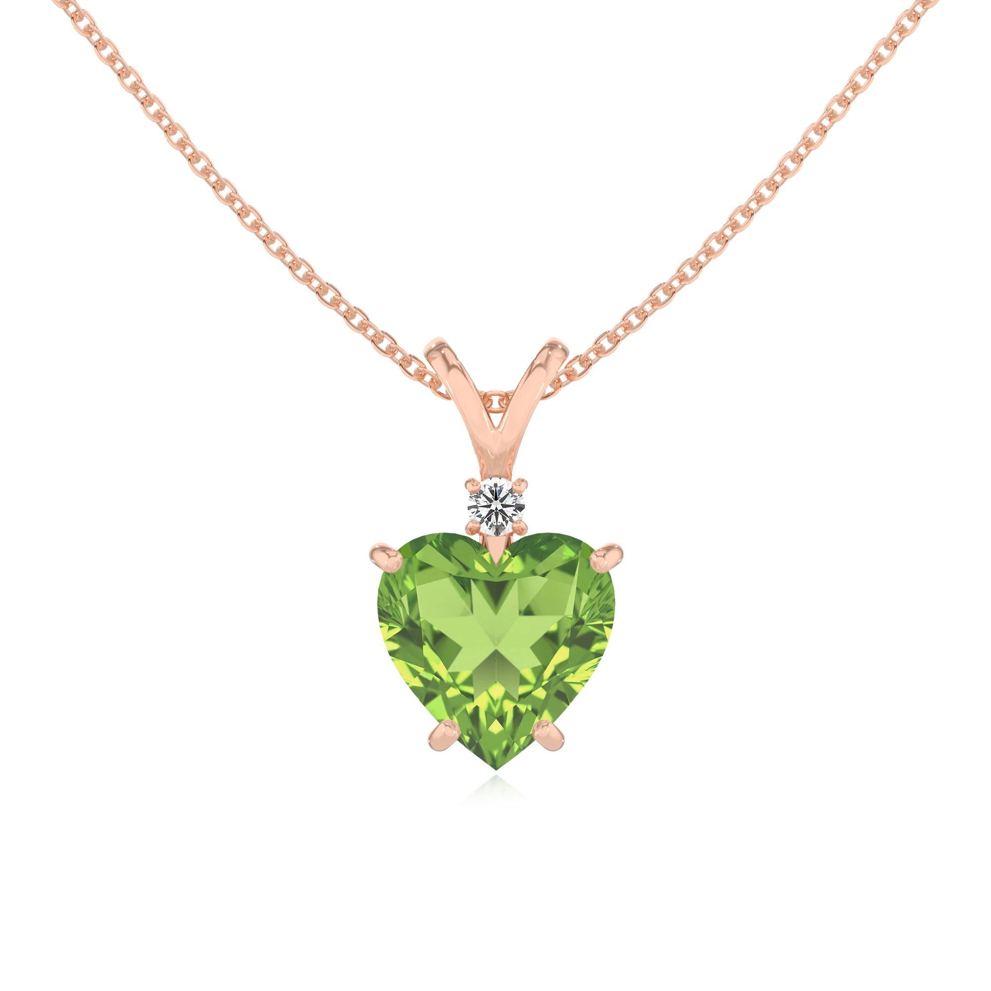 natural peridot heart solitaire v-bale necklaces in rose gold 
