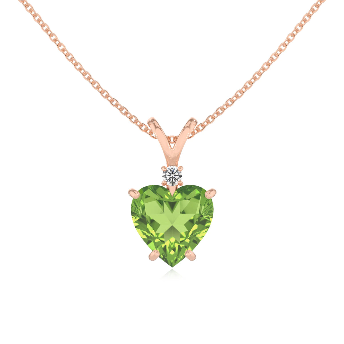 natural peridot heart solitaire v-bale necklaces in rose gold 