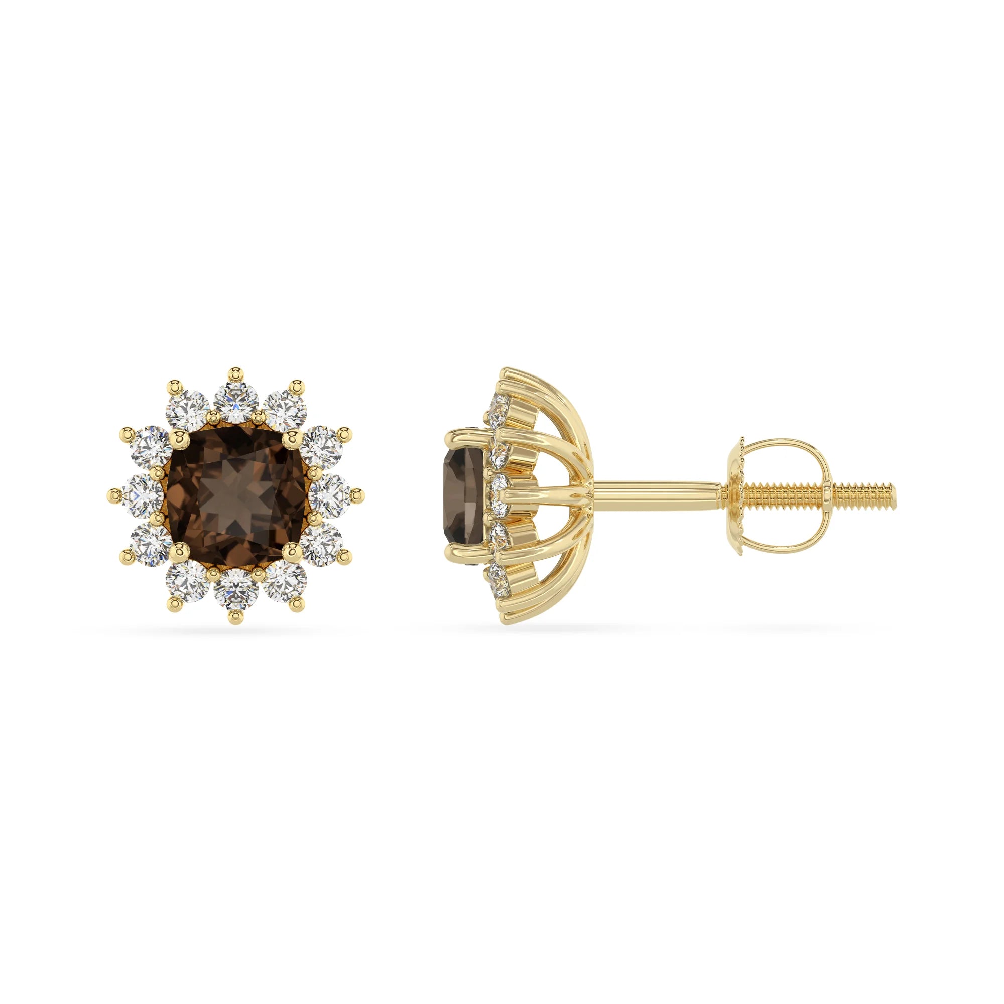 natural smoky quartz cushion stud earrings in yellow gold 