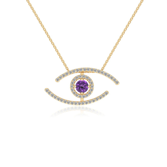 lab grown amethyst round solitaire necklaces in yellow gold 