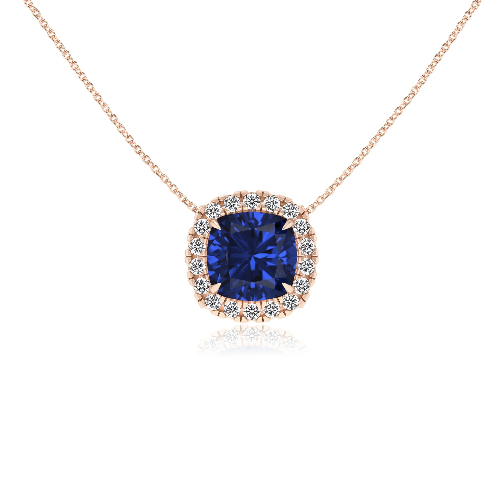 lab grown blue sapphire cushion solitaire necklaces in rose gold 