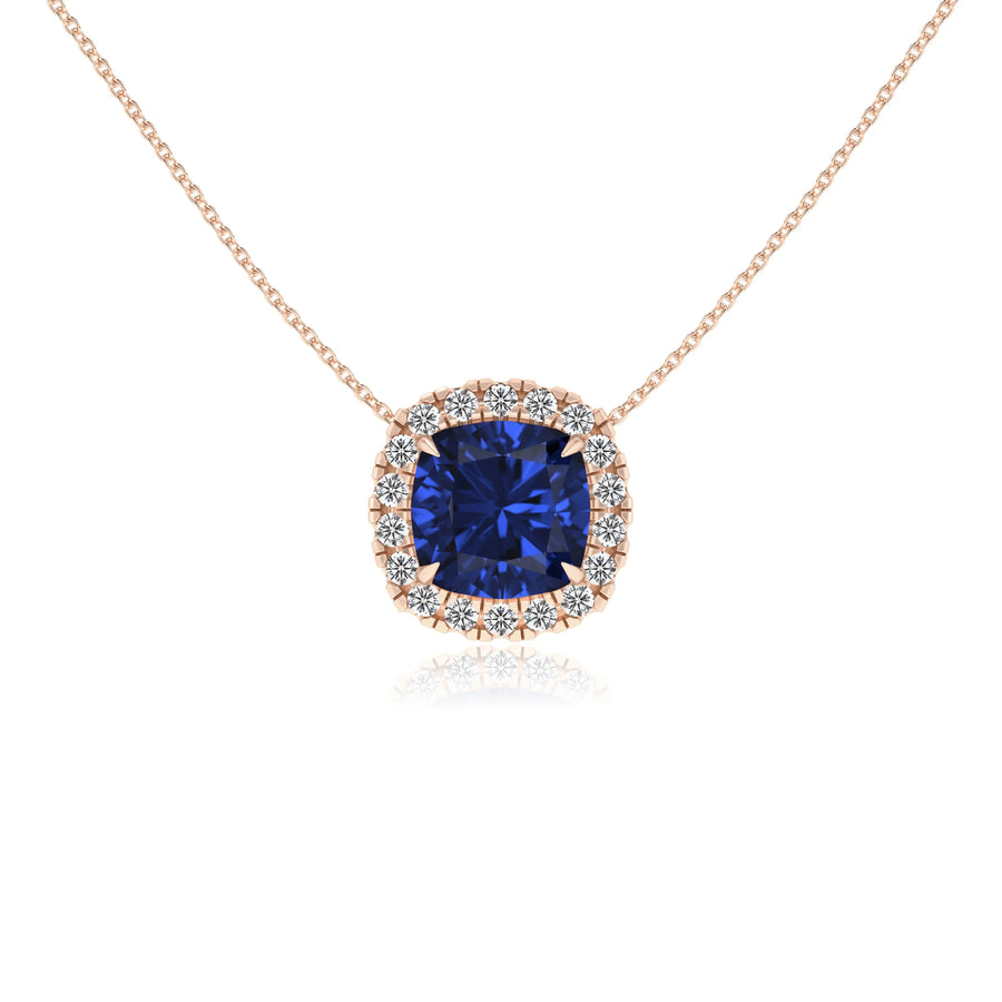 lab grown blue sapphire cushion solitaire necklaces in rose gold 