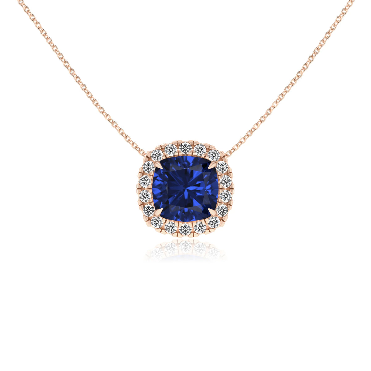 lab grown blue sapphire cushion solitaire necklaces in rose gold 