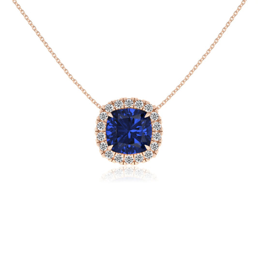 lab grown blue sapphire cushion solitaire necklaces in rose gold 