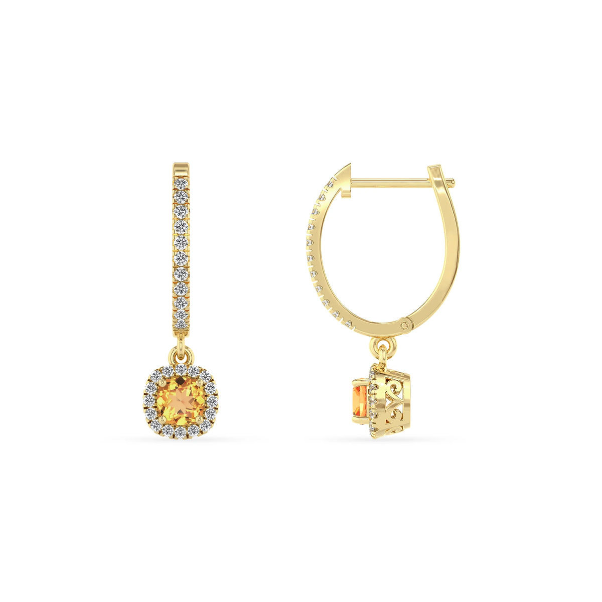 lab grown citrine cushion drop earrings in yellow gold 