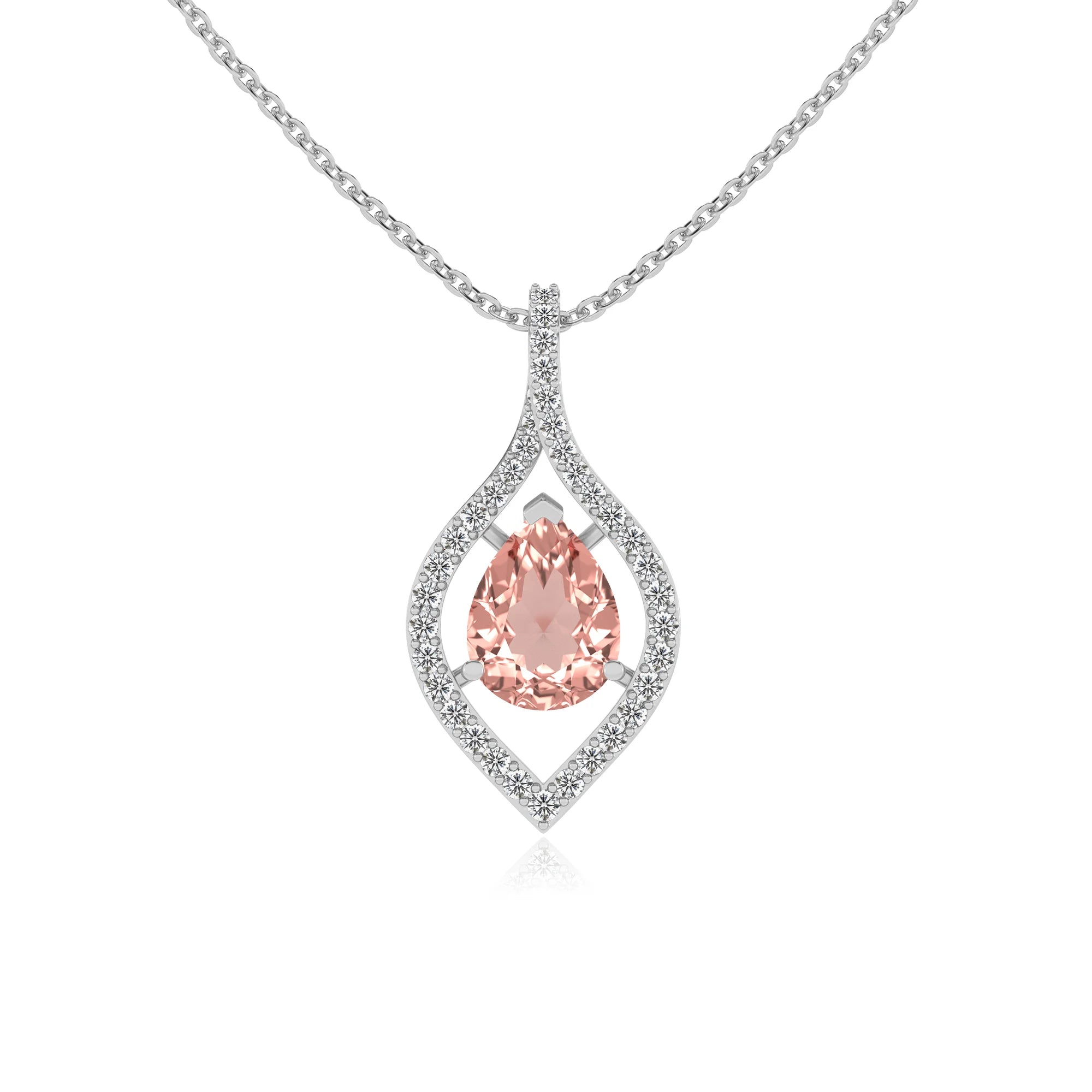 lab grown morganite pear infinity necklaces in white gold 
