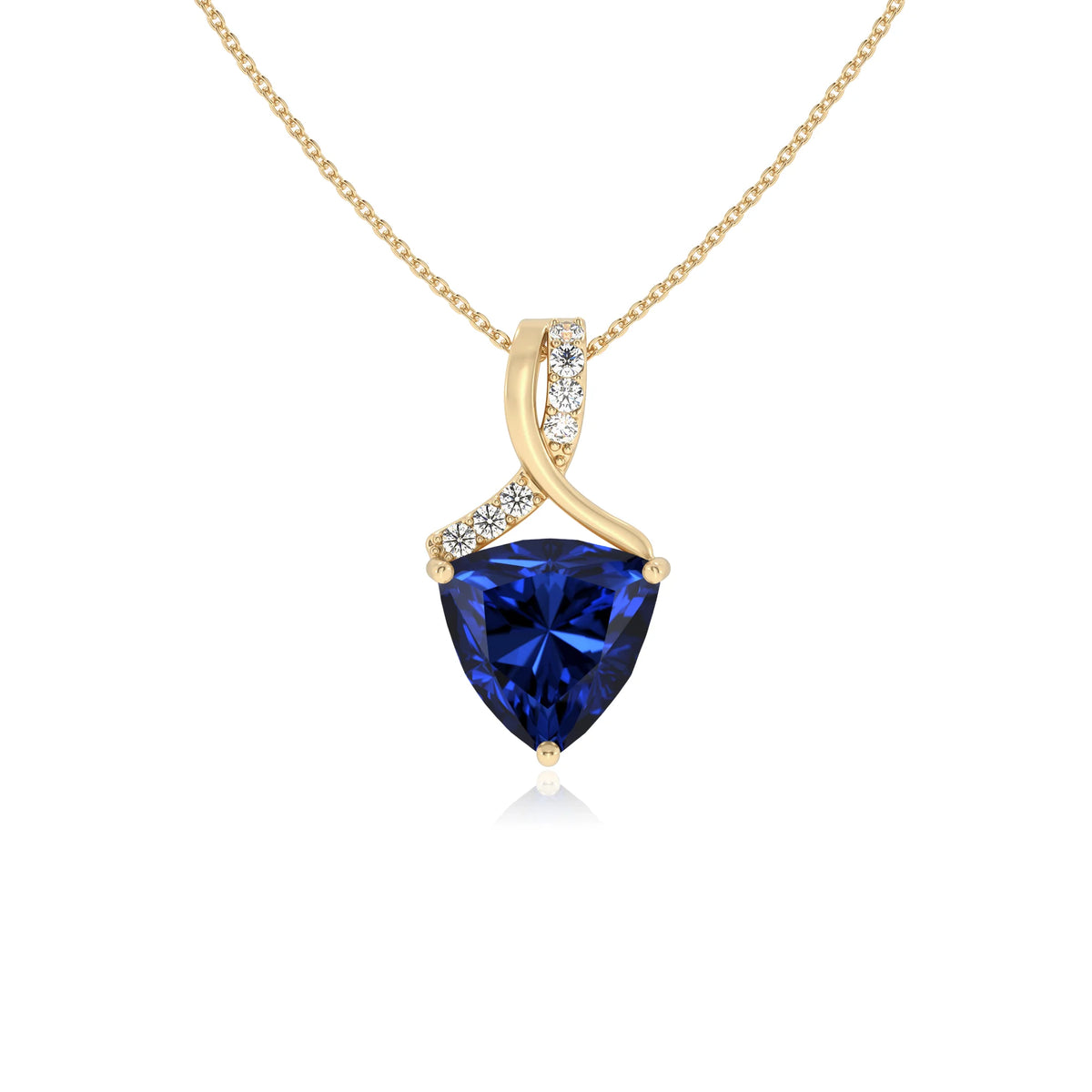 lab grown blue-sapphire trillion solitaire necklaces in yellow gold 